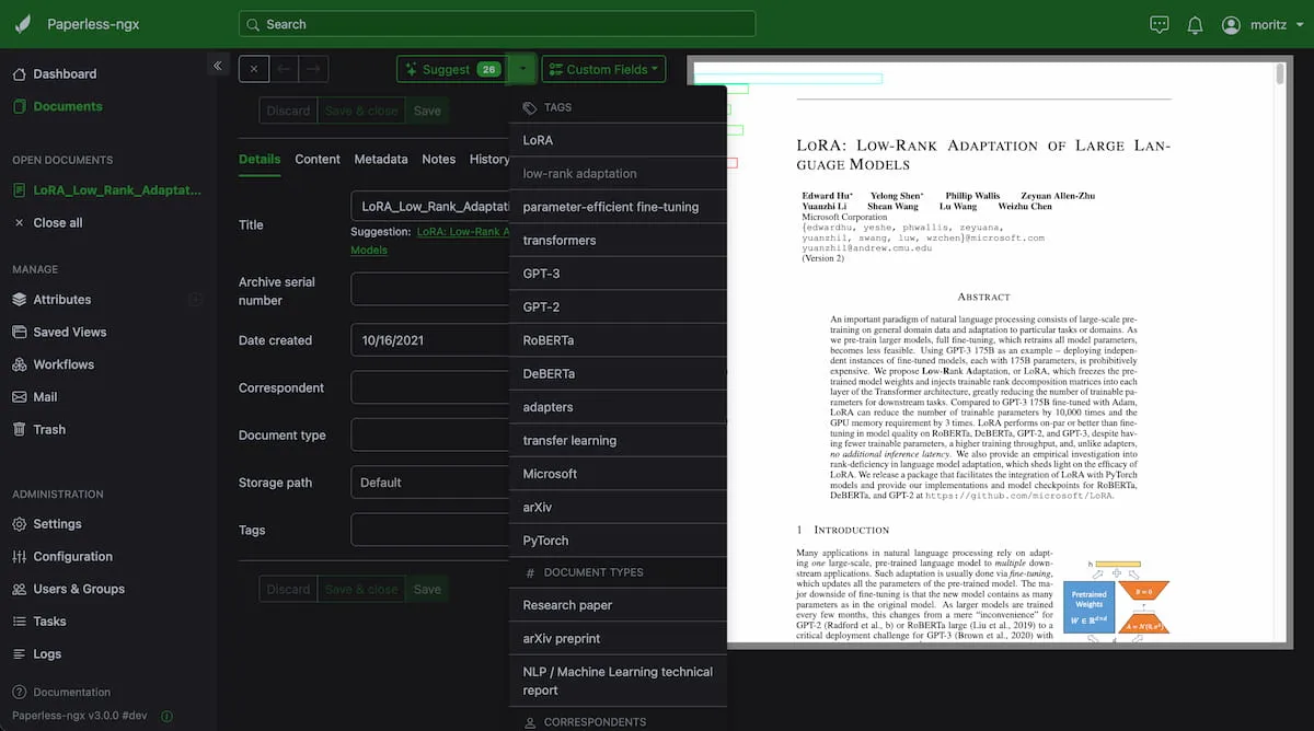 Screenshot des Vorschlagsmenüs auf der Dokumentdetailseite mit KI-generierten Metadaten-Vorschlägen