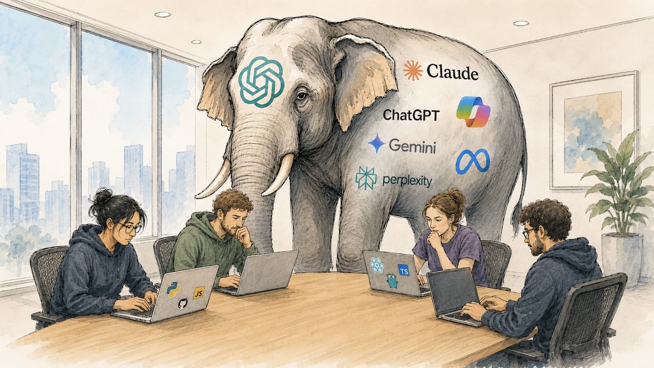 Eine Illustration von einem Elefanten, der mit den Logos von großen LLM-Anbietern wie Anthropic und OpenAI beklebt ist. Der Elefant ist in einem Raum, der mit vier Software-Entwickler:innen gefüllt ist, die an einem Tisch sitzen und auf ihre Laptops starren. Das Bild wurde mit ChatGPT generiert.