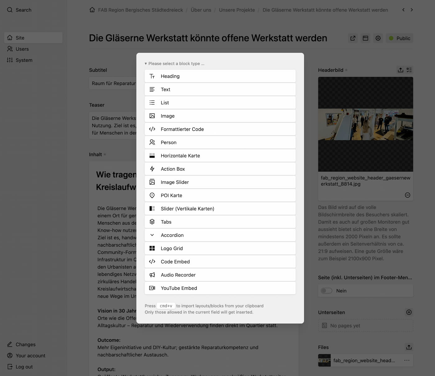 Ein Screenshot des Kirby Admin Panels der neuen Webseite