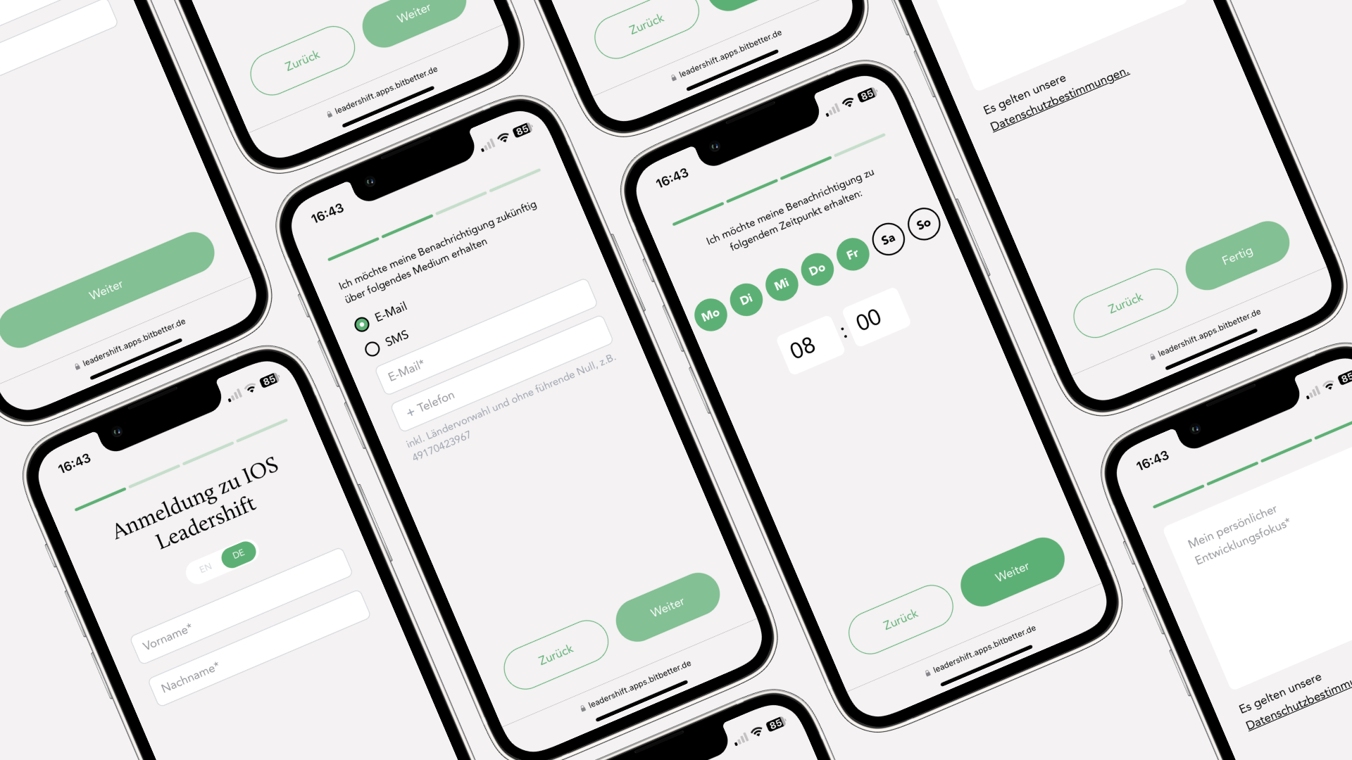 Einige mobile Screenshots aus dem Onboarding-Prozess der Leadershift-Anwendung.