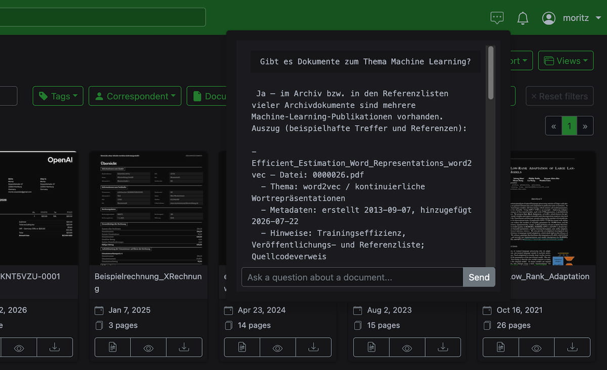Screenshot des Chat-Dialogs in Paperless-ngx v3 mit Frage und Antwort zum Dokumentenbestand