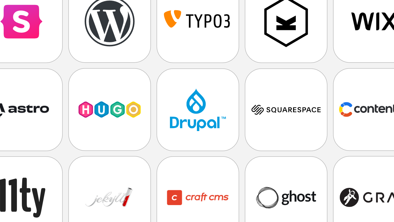 Eine Gitter-Anordnung von Logos bekannter CMS-Systeme, Site Generatoren und SaaS-Lösungen. Darunter sind Statamic, WordPress, Typo3, Kirby, Wix, Astro, Hugo, Drupal, Squarespace, Contentful, 11ty, Jekyll, Craft CMS, Ghost und Grav.